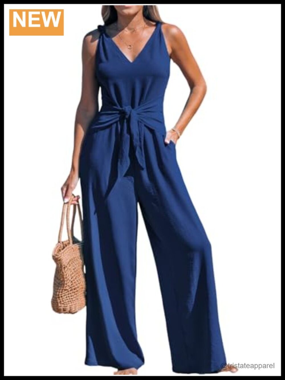 Women's Sleeveless Tie Knot Jumpsuit V Neck Wide Leg One Piece